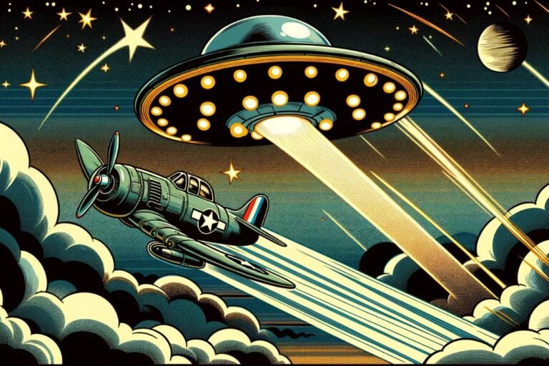 A dramatic illustration of the Gorman dogfight, set in the night skies above Fargo, North Dakota, in 1948. The scene depicts a P-51 Mustang fighter plane following a UFO. Digital art by Jack and Kitty Norton.