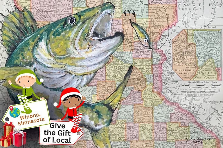 Jamie Schwaba - Artist in Winona, MN. Colorful painting of a fish with a vintage Minnesota map as the canvas.