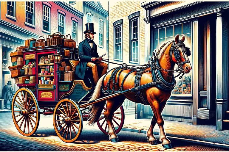 A vivid, horizontal illustration set in the 1800s, showing a door-to-door salesman riding in a horse and buggy. The salesman, wearing a typical outfit. Digital art by Jack and Kitty Norton.