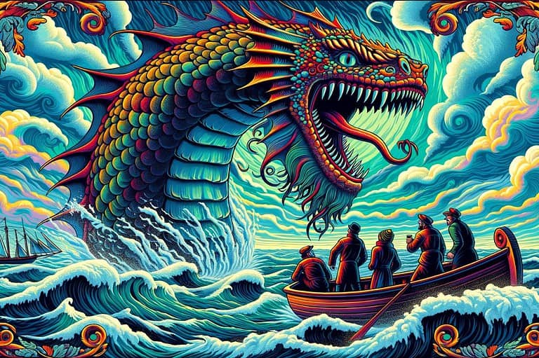 Full color illustration of an example of lake monsters and sea serpents in Minnesota. This one has been spotted in Duluth and looks like a mean dragon.