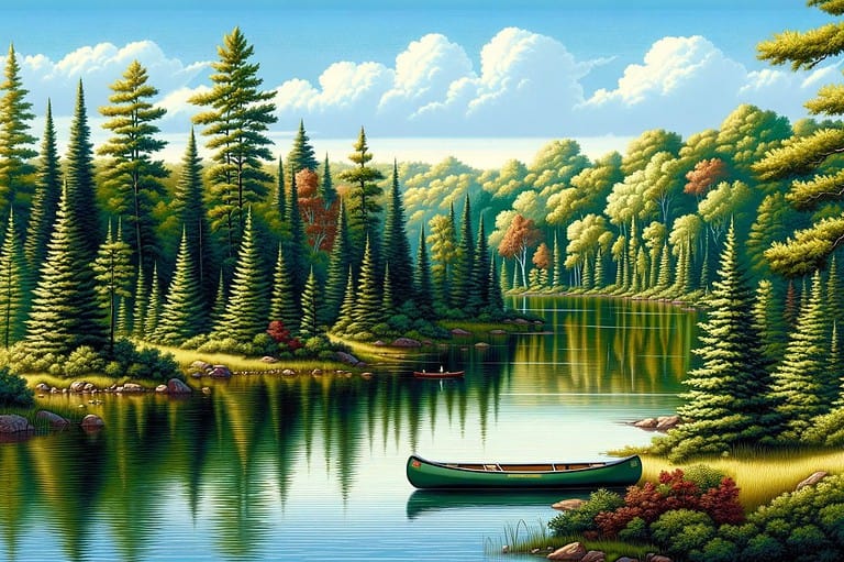 A full-color, horizontal illustration depicting a peaceful nature scene at the Boundary Waters Canoe Area Wilderness in northern Minnesota. Digital art by Jack and Kitty Norton.