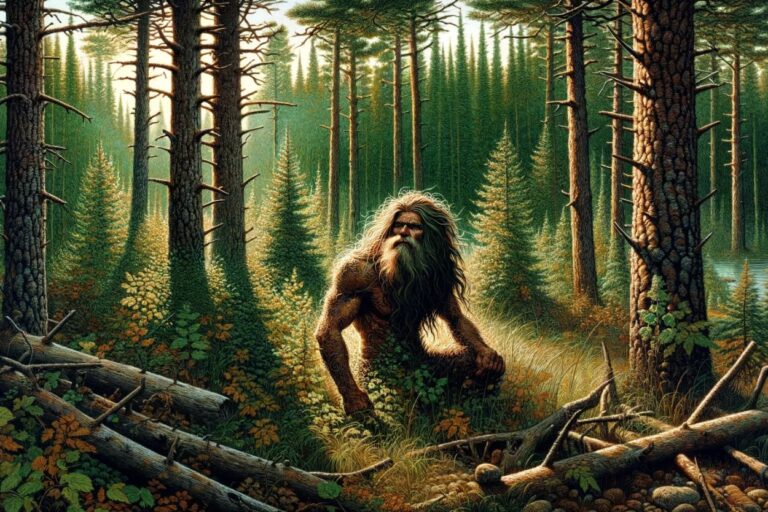 An original illustration of a wild-looking man with hair covering his entire body, living in the woods of Northern Minnesota. The scene depicts the Hairy Man of Vergas, MN. Digital art by Jack and Kitty Norton.