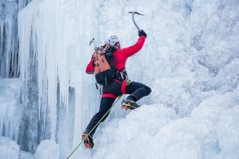 A man climbing ice in Winona, MN. Winona Ice Fest