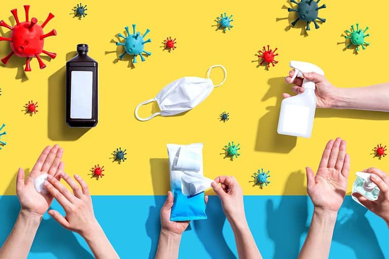 Colorful graphic of hands, cleaning products and germs. Sleep tight and fly right: Discover the surprising secret to staying germ-free on your next flight! You won't believe it!