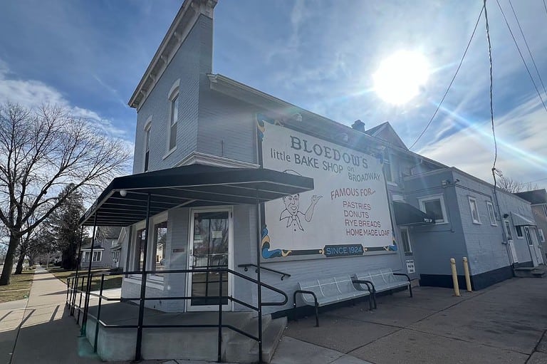 Bloedow Bakery in Winona MN. Exterior of building on a sunny morning.