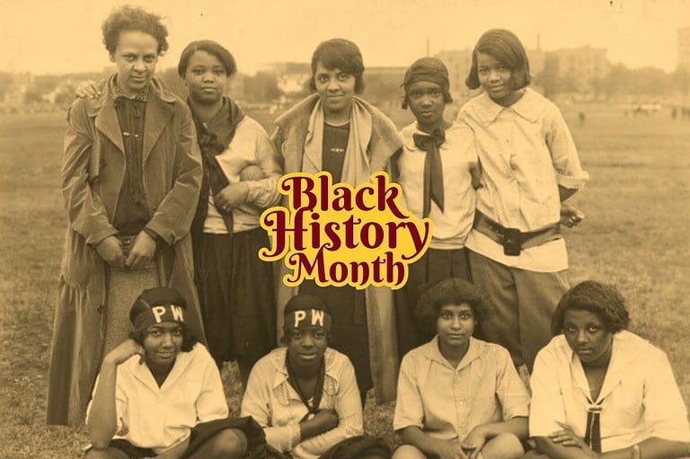 Black History Month celebration. Phyllis Wheatley House diamond ball team, summer 1926. Ethel Ray Nance is at the far left.