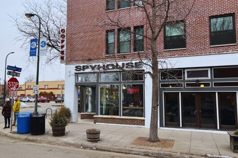Spyhouse Coffee on Nicollet Ave in Minneapolis. Exterior of building on a winter day.