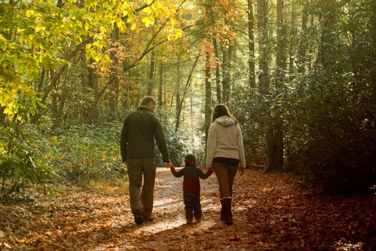 Family hiking through Minnesota woods. Ready for a budget-friendly adventure in Minnesota? Check out these 5 awesome day trip destinations that are fun for the whole family!
