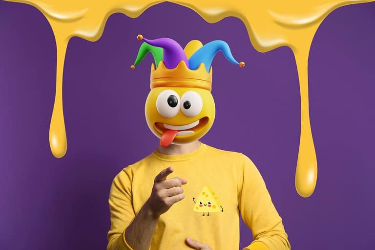 Funny man with goofy emoji mask in a cheesy picture. Craving some cheesy humor? Check out these funnies for a gouda laugh that will make your day feta-stic! These are the BEST jokes about cheese!