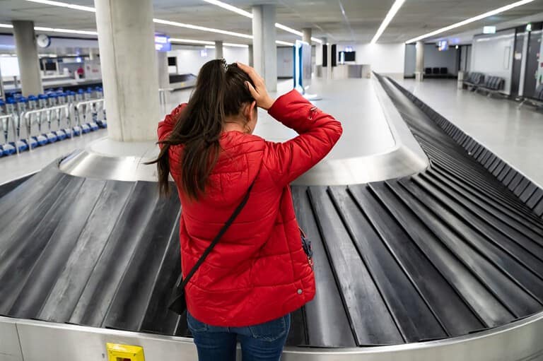 Woman with lost luggage at baggage claim. Discover the surprisingly simple trick an airport insider shared to prevent lost luggage! No more travel headaches!