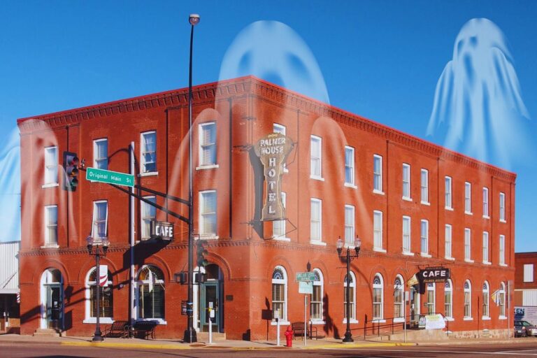 Palmer House Hotel with ghosts floating above on a sunny day. Experience the thrill of the supernatural at the haunted Palmer House Hotel in Minnesota! Are you brave enough to uncover its ghostly secrets?
