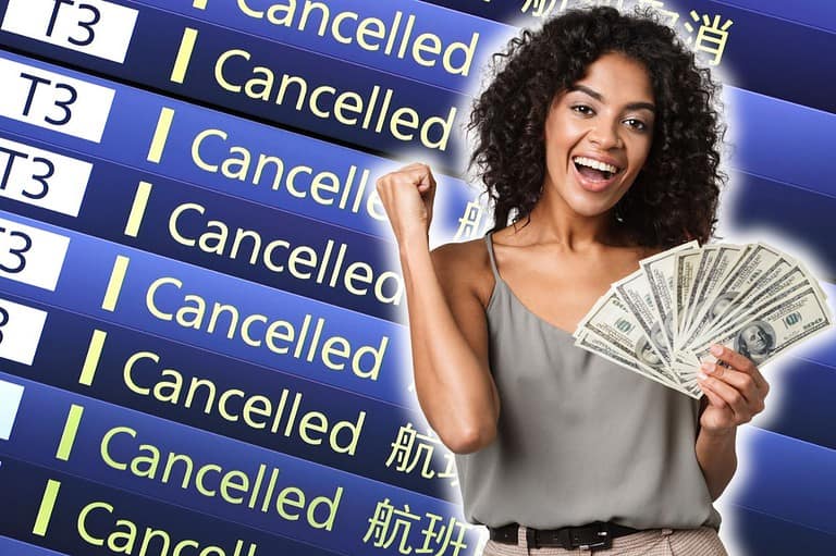 Happy woman with money because her flight was canceled. Fly with more peace of mind! The DOT just dropped new rules that mean more money in your pocket if your flight gets delayed or canceled.
