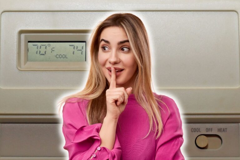 Woman sharing a secret in front of hotel room thermostat. No more shivering or sweating through the night! Unlock the secret to the perfect hotel room temperature with this simple hack!