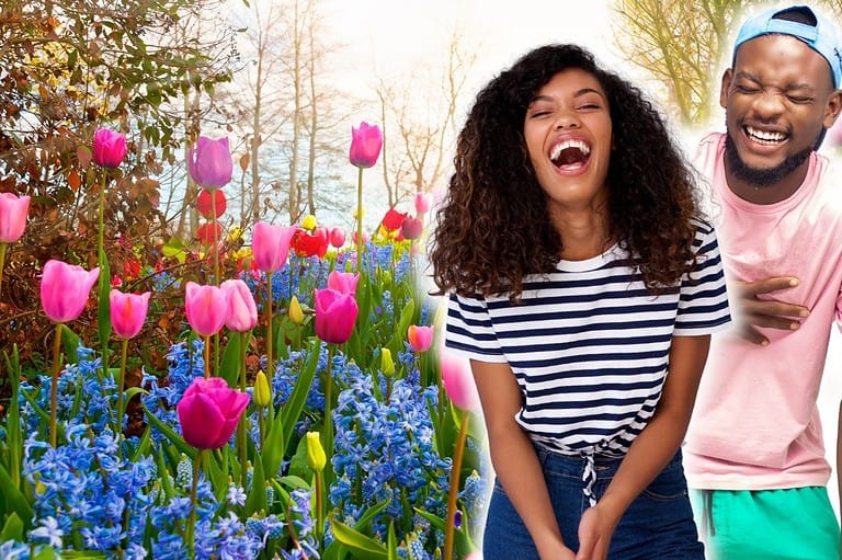 Couple laughing at jokes about flowers. Discover the hilarious world of flower jokes that will make you laugh so hard, you'll be rolling in the daisies!