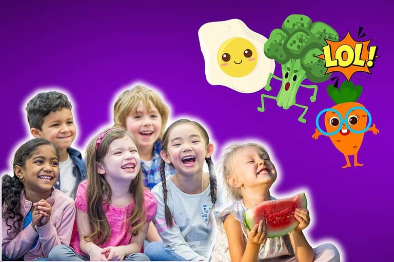 Kids laughing at funny jokes about food. Hungry for laughter? These hilarious kids jokes about food will have your family giggling from appetizer to dessert!