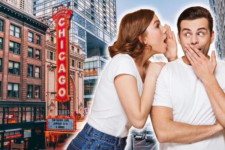 Woman tells a man a secret in Chicago. Uncover Chicago's best-kept secrets with our insider's guide to the Windy City! From speakeasies to secret gardens, we've got you covered.
