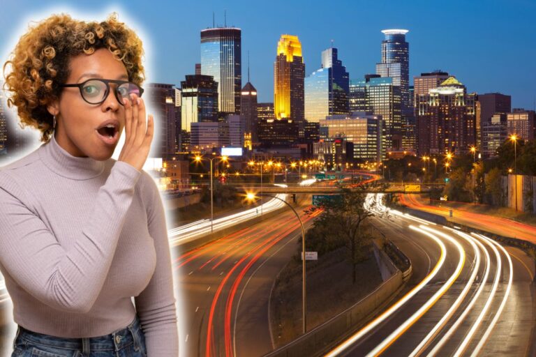 Minneapolis skyline at night with a woman telling a secret. Uncover the best-kept secrets of the Twin Cities with our insider's guide! From quirky museums to mouthwatering eats, we've got you covered.