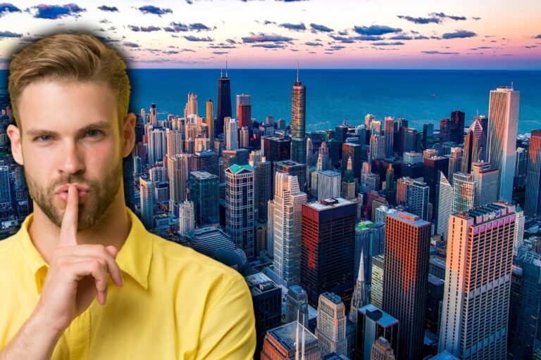 Chicago skyline from drone with man sharing a secret. Shhh... Chicago's best-kept secrets are hiding underground! Discover the city's subterranean world in our latest article.