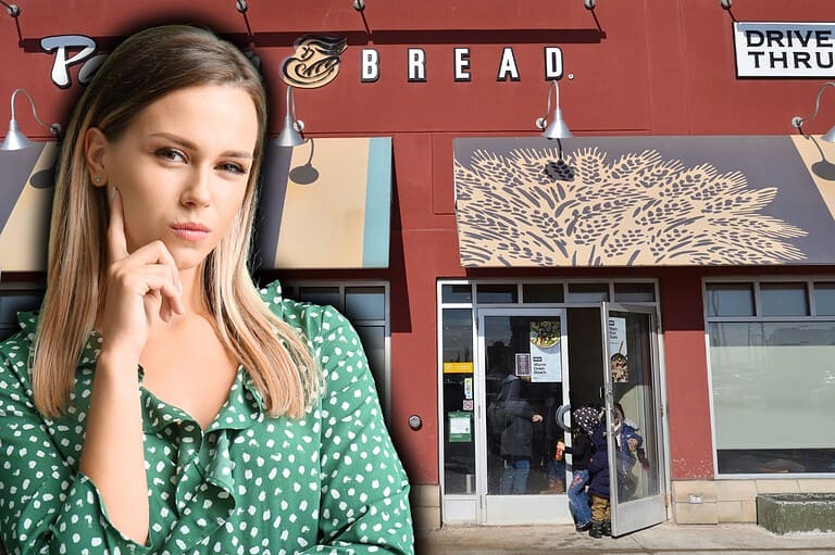 Suspicious woman in front of Panera Bread restaurant. A survey just named this popular restaurant chain the least-trusted in the US, but with 31 Minnesota locations, are they wrong?