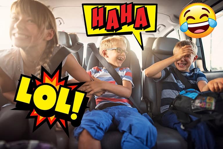 Kids laughing at jokes in the car during a road trip. Heading on a road trip? Check out these hilarious family-friendly jokes to keep everyone laughing all the way!
