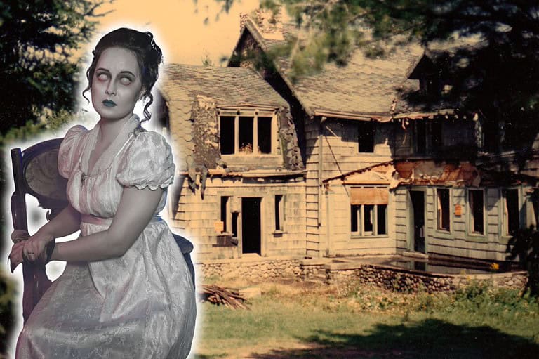 Ghostly woman in front of the ruins of Summerwind Mansion in northern WI. Step into the chilling tale of northern Wisconsin's Summerwind Mansion, where ghostly encounters and mysterious ruins await!