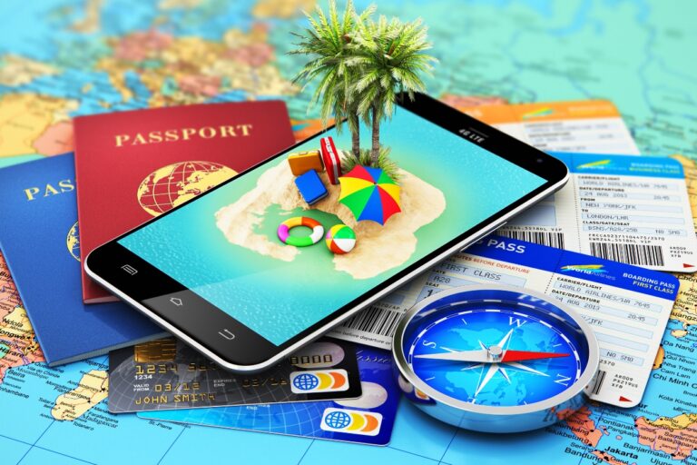 Vacation icons - phone, compass, passport, tickets and palm tree. Don't let last-minute chaos ruin your vacation! For a stress-free trip, just follow these simple, must-do steps before you go!