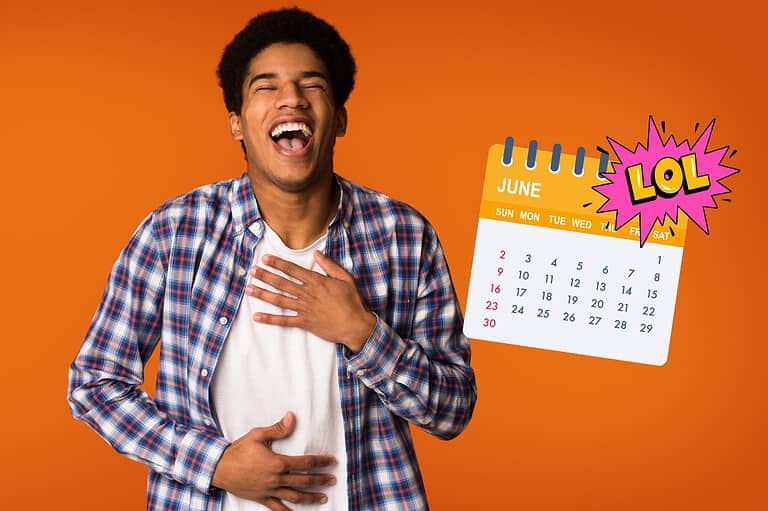 Man laughing at jokes about June. Laugh your way through the start of summer with these hilarious jokes about June that will make your month shine!