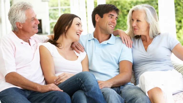 Adult children with their parents.