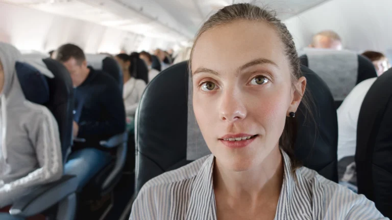 Woman looking at camera while rawdogging her flight on a crowded airplane. Discover the latest travel trend "rawdogging" flights that's taking over TikTok! Is it a path to mindfulness or just a social media stunt?