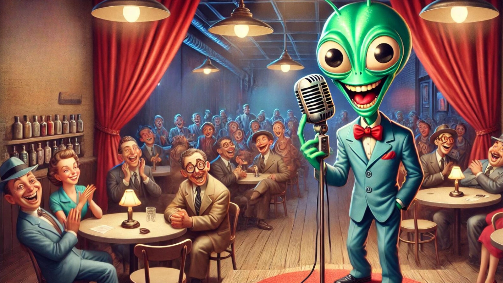 Alien telling jokes at comedy club. Prepare for a blast of laughter with these 10 alien puns and UFO jokes that are so funny, they’re out of this world!