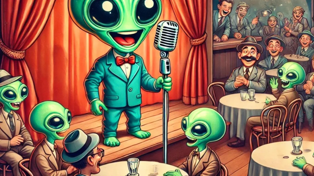 Alien telling jokes at comedy club. Prepare for a blast of laughter with these 10 alien puns and UFO jokes that are so funny, they’re out of this world!