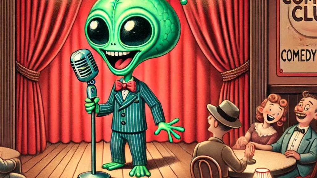 Alien telling jokes at comedy club. Prepare for a blast of laughter with these 10 alien puns and UFO jokes that are so funny, they’re out of this world!